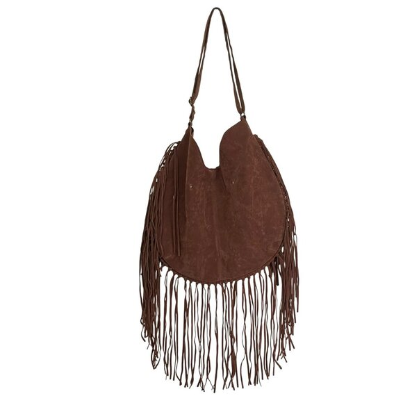 Brown Faux Suede Hobo Boho Fringe Large Bag Adjustable straps - Picture 4 of 5